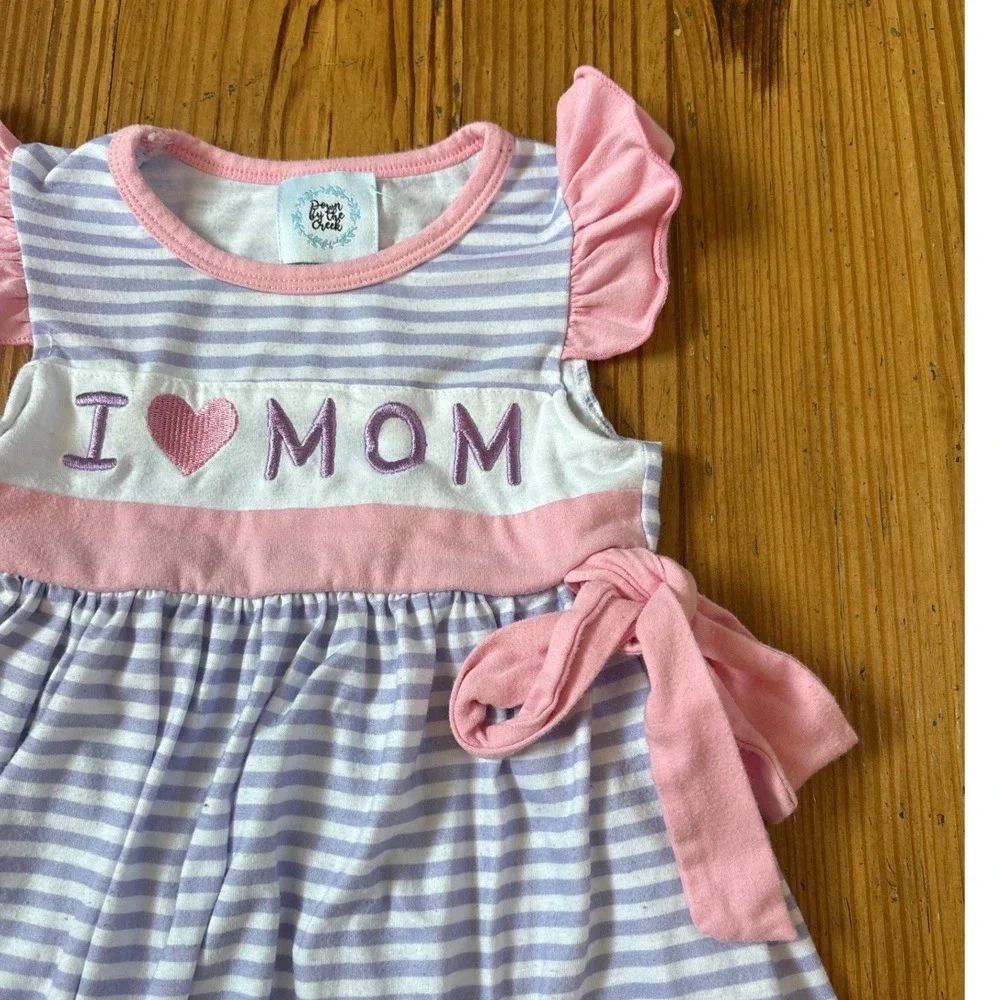 Down by the Creek Striped I Heart Mom Dress Kids Purple Pink Ruffle SIZE 6-12M